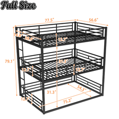 Bellemave® Twin, Full and Queen Size Metal Triple Bunk Bed with Full - Length Guardrails - Bellemave