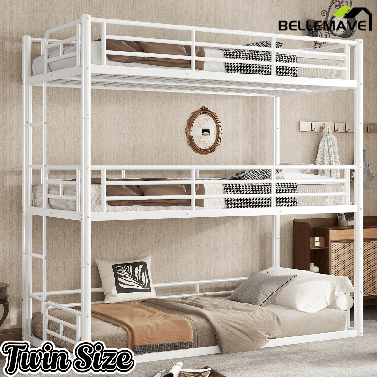 Bellemave® Twin, Full and Queen Size Metal Triple Bunk Bed with Full - Length Guardrails - Bellemave