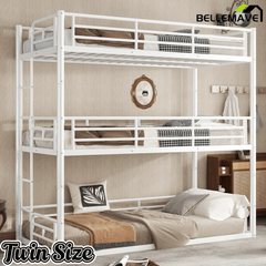Bellemave® Twin, Full and Queen Size Metal Triple Bunk Bed with Full - Length Guardrails - Bellemave