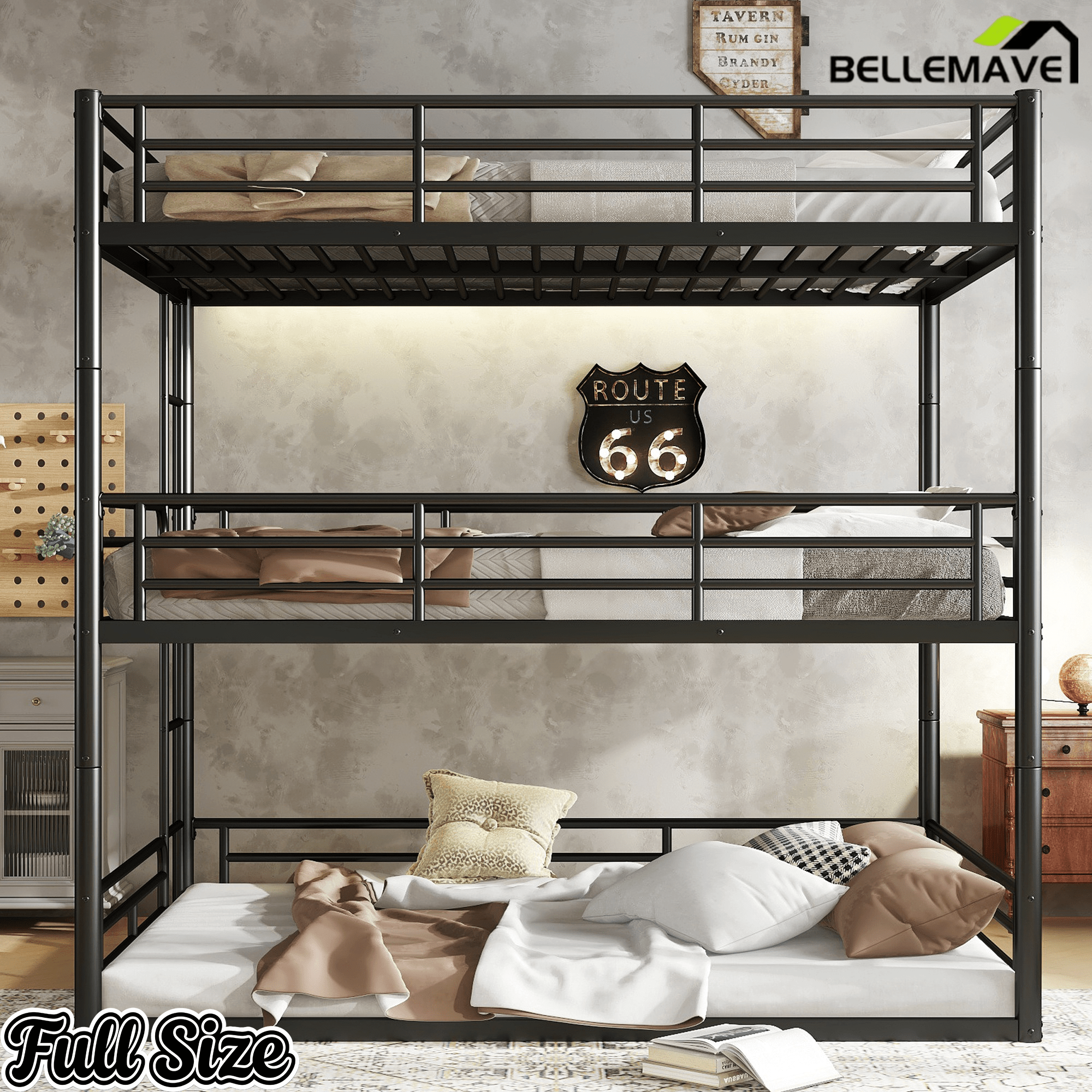 Bellemave® Twin, Full and Queen Size Metal Triple Bunk Bed with Full - Length Guardrails - Bellemave