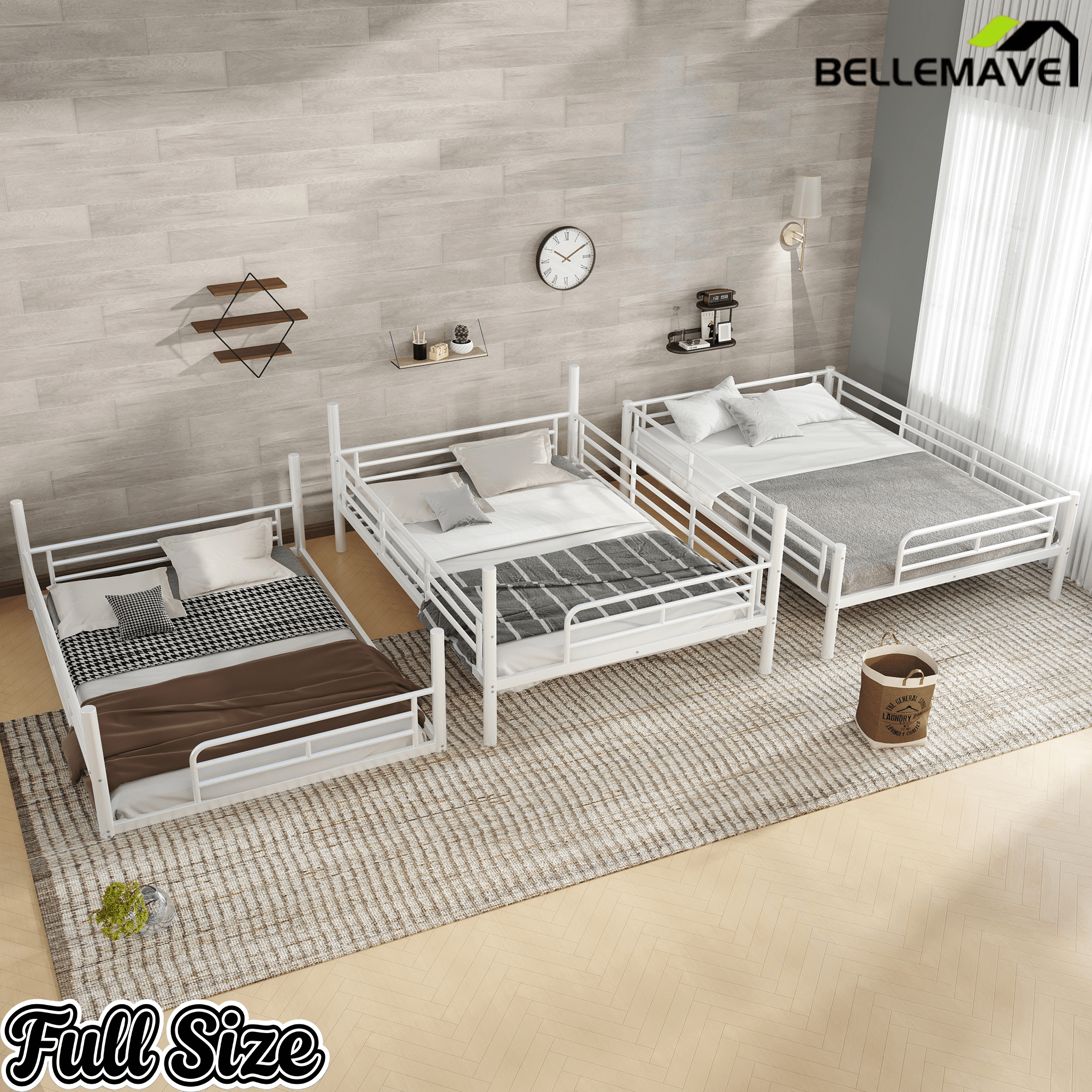 Bellemave® Twin, Full and Queen Size Metal Triple Bunk Bed with Full - Length Guardrails - Bellemave