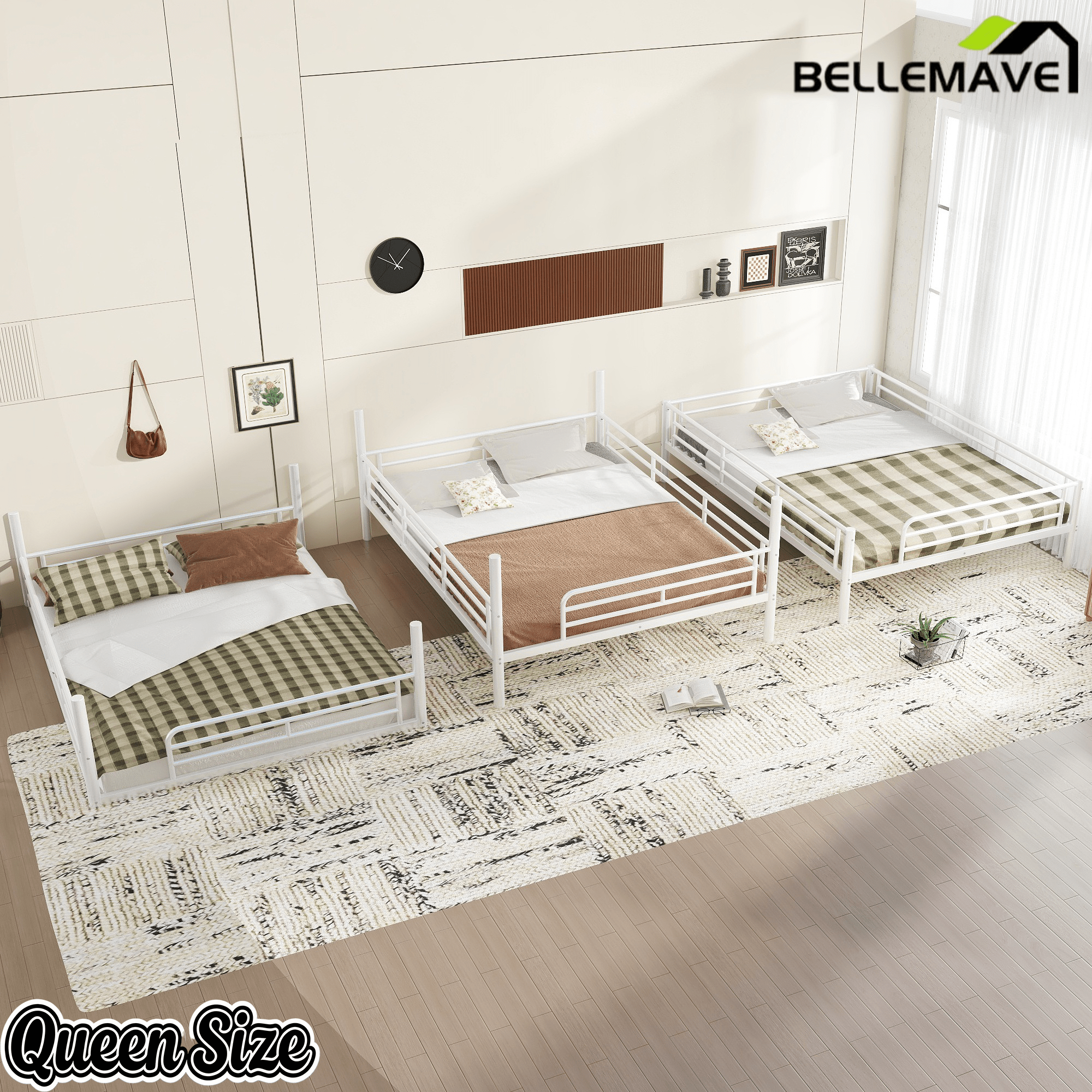 Bellemave® Twin, Full and Queen Size Metal Triple Bunk Bed with Full - Length Guardrails - Bellemave