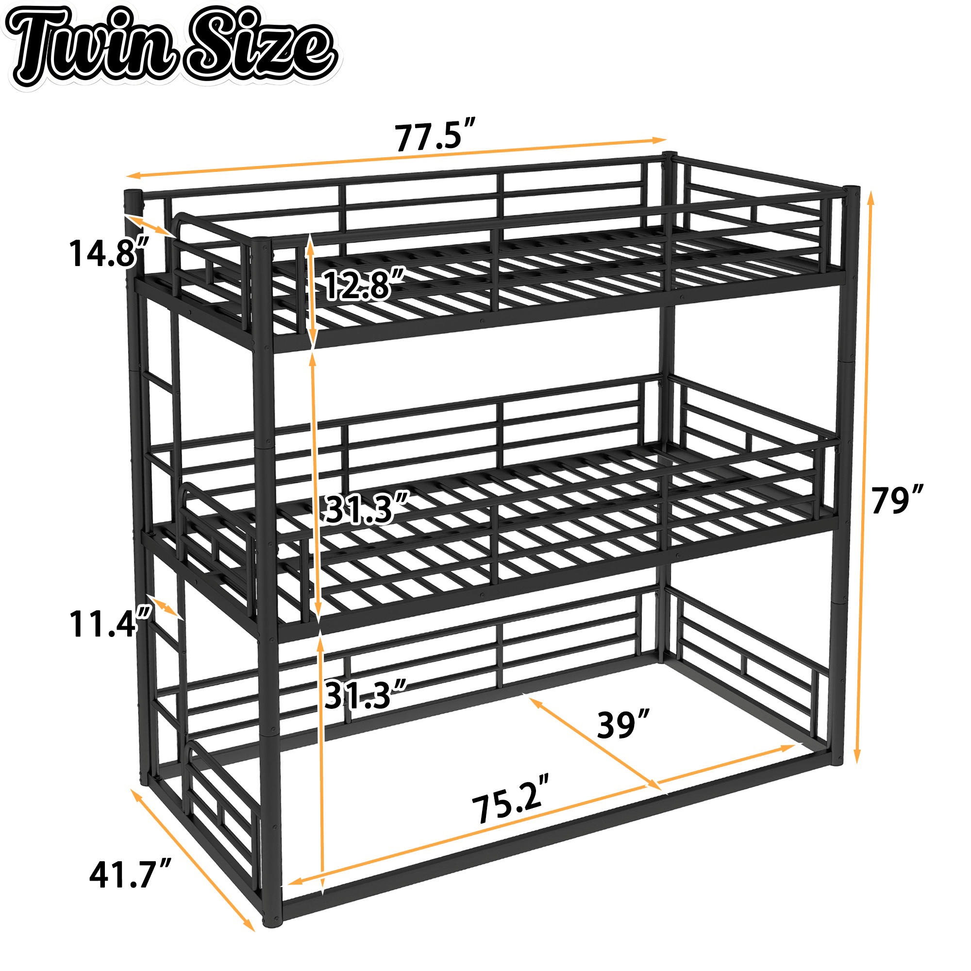 Bellemave® Twin, Full and Queen Size Metal Triple Bunk Bed with Full - Length Guardrails - Bellemave