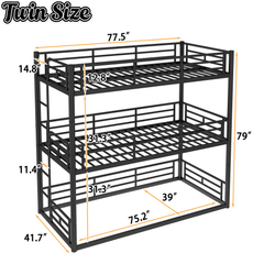 Bellemave® Twin, Full and Queen Size Metal Triple Bunk Bed with Full - Length Guardrails - Bellemave