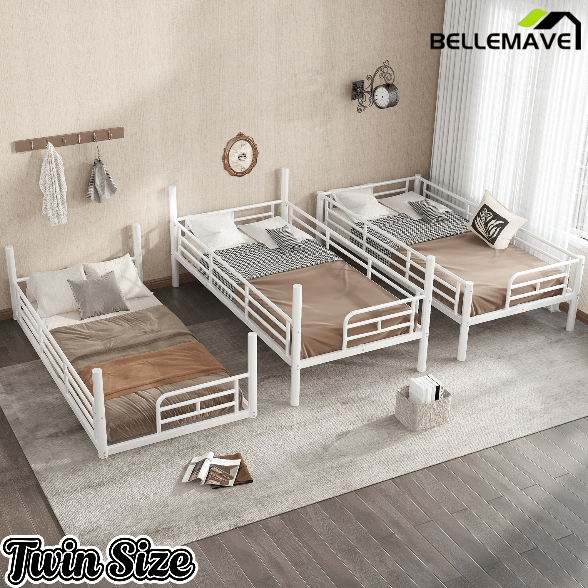 Bellemave® Twin, Full and Queen Size Metal Triple Bunk Bed with Full - Length Guardrails - Bellemave