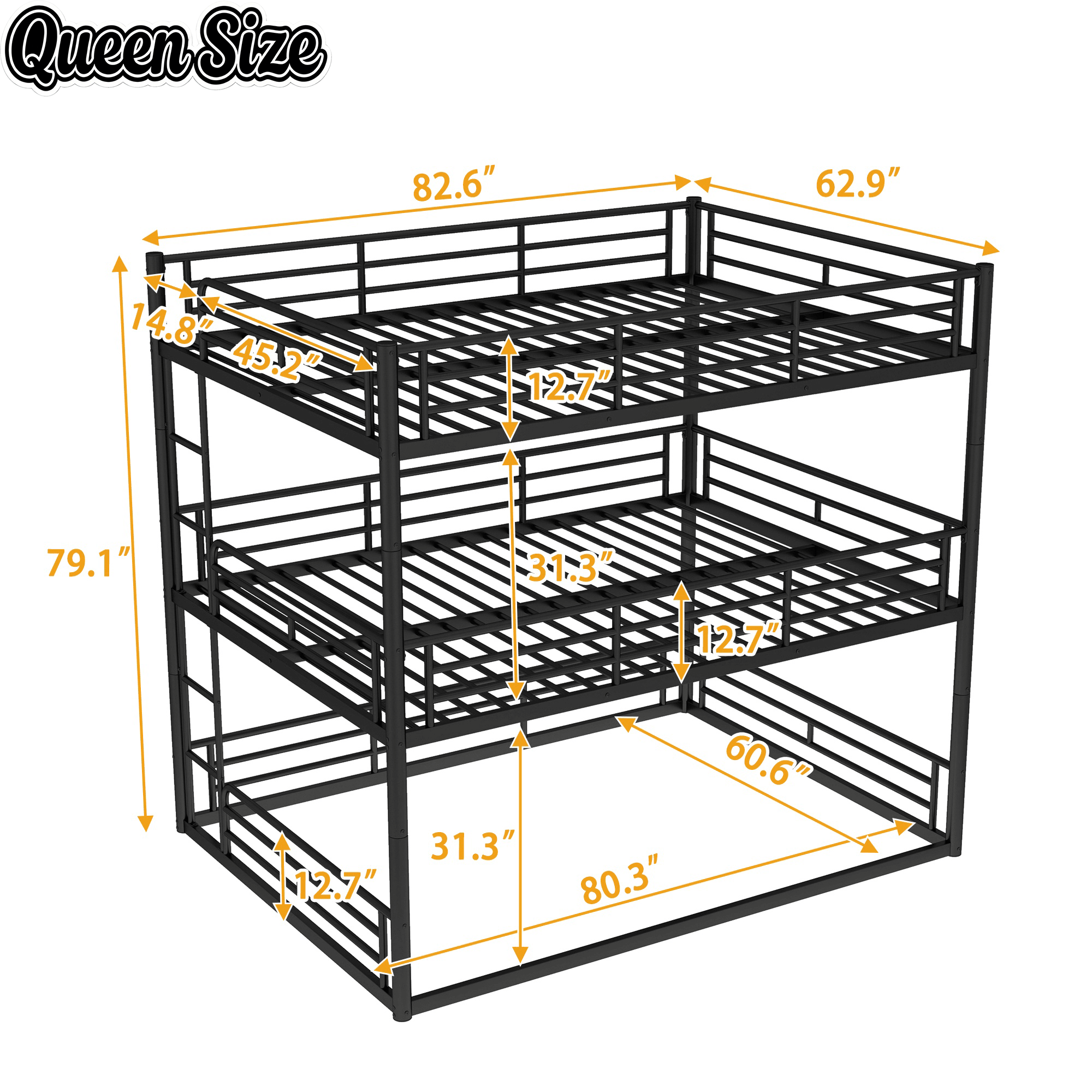 Bellemave® Twin, Full and Queen Size Metal Triple Bunk Bed with Full - Length Guardrails - Bellemave