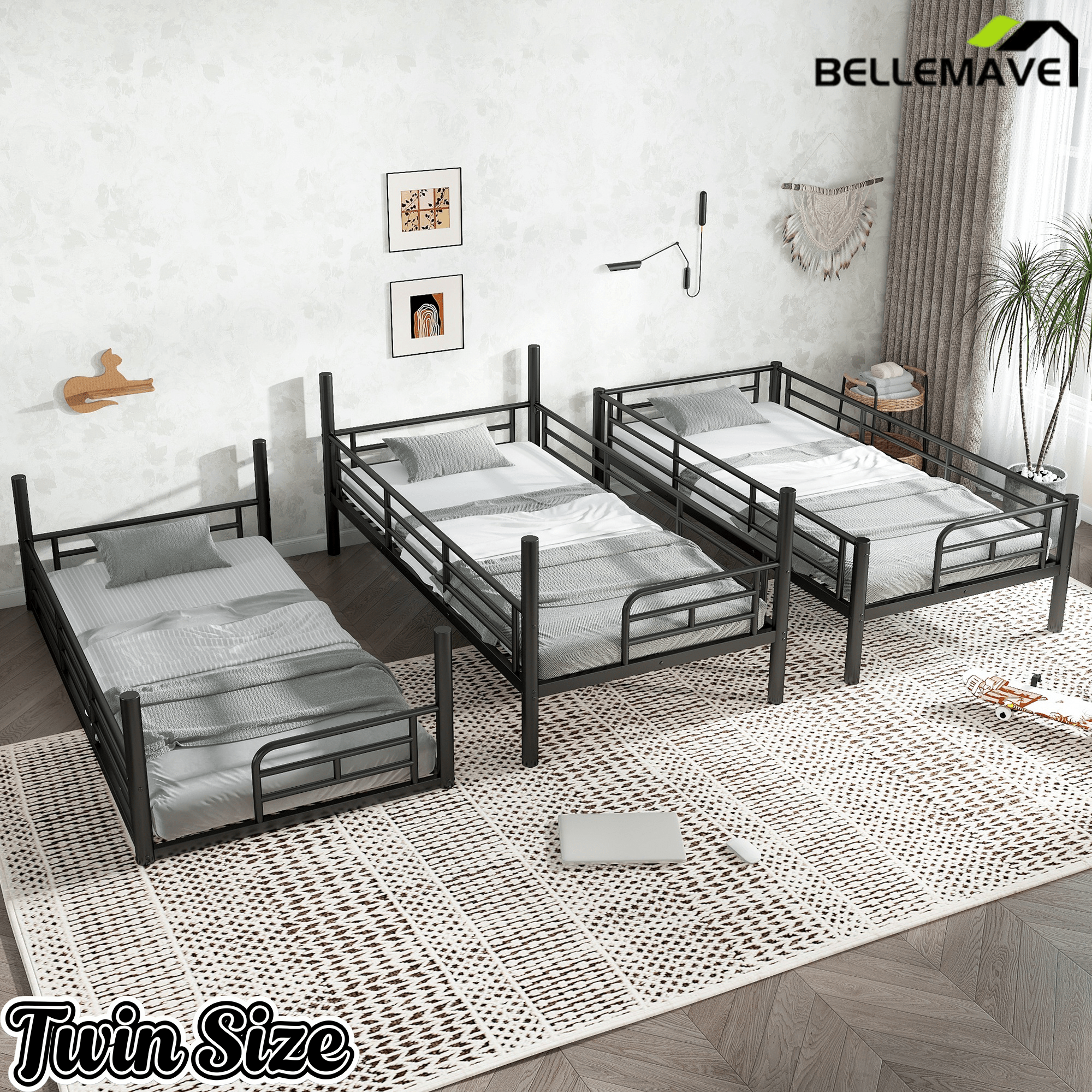 Bellemave® Twin, Full and Queen Size Metal Triple Bunk Bed with Full - Length Guardrails - Bellemave