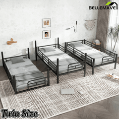 Bellemave® Twin, Full and Queen Size Metal Triple Bunk Bed with Full - Length Guardrails - Bellemave