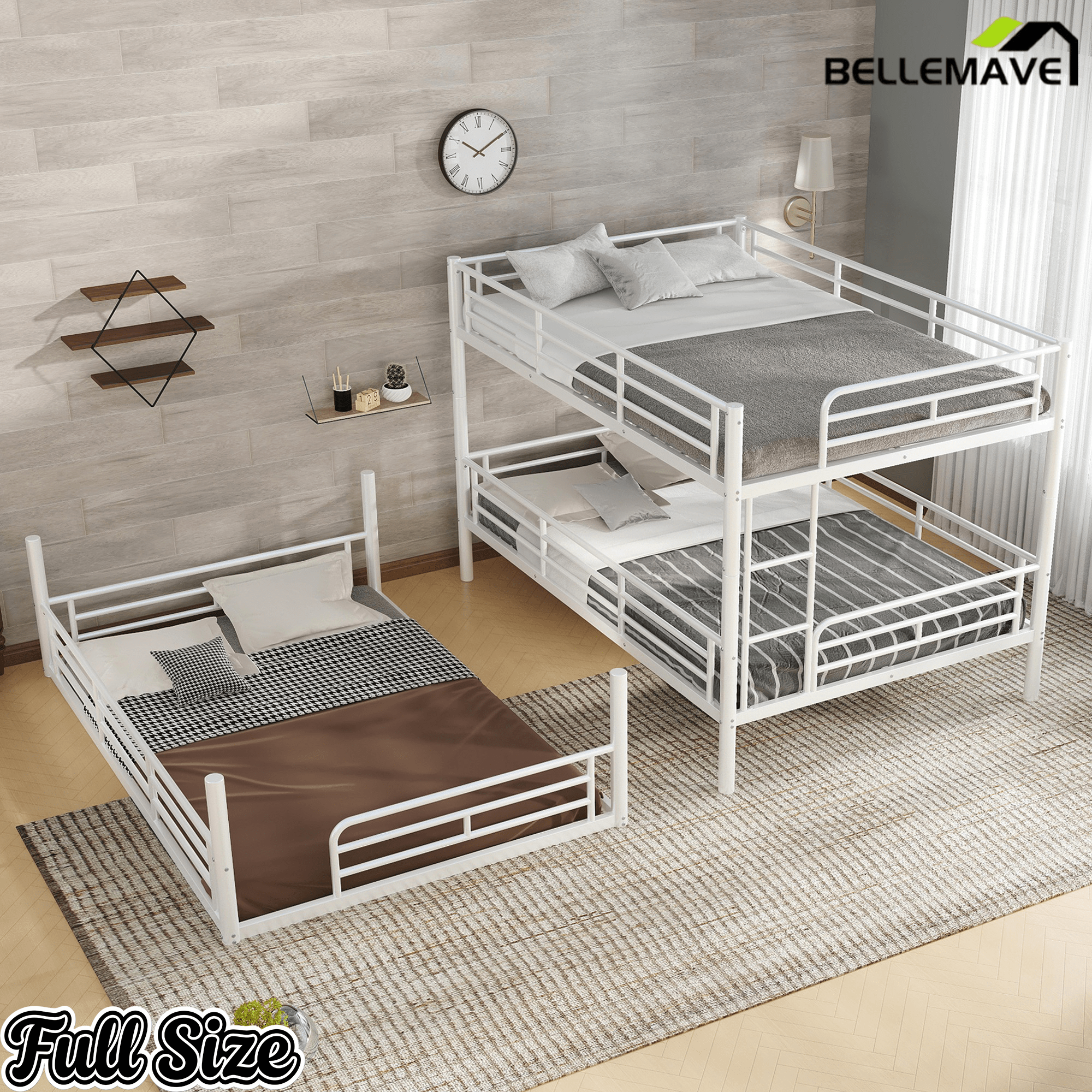 Bellemave® Twin, Full and Queen Size Metal Triple Bunk Bed with Full - Length Guardrails - Bellemave