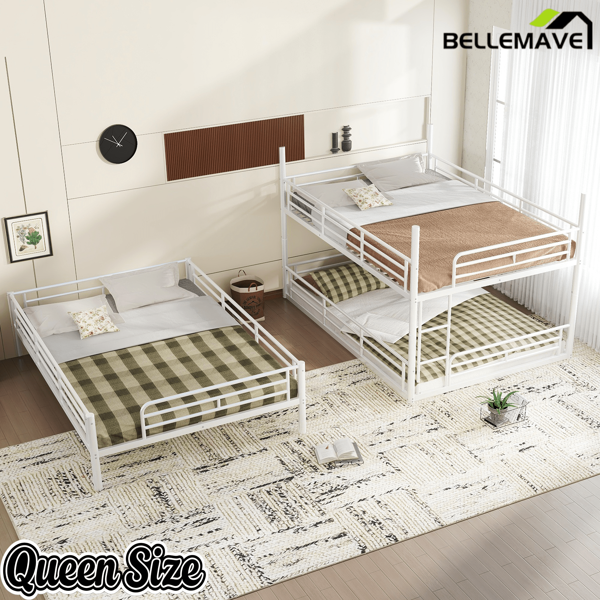 Bellemave® Twin, Full and Queen Size Metal Triple Bunk Bed with Full - Length Guardrails - Bellemave