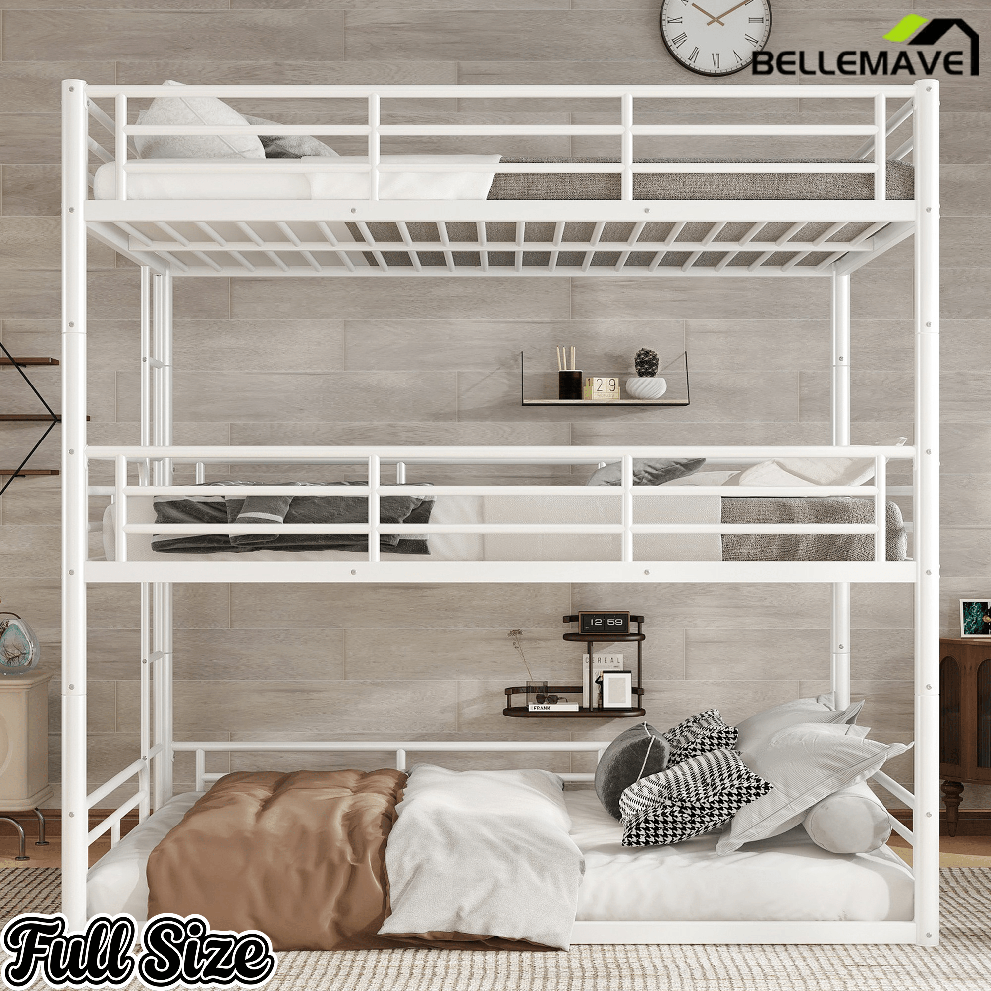 Bellemave® Twin, Full and Queen Size Metal Triple Bunk Bed with Full - Length Guardrails - Bellemave