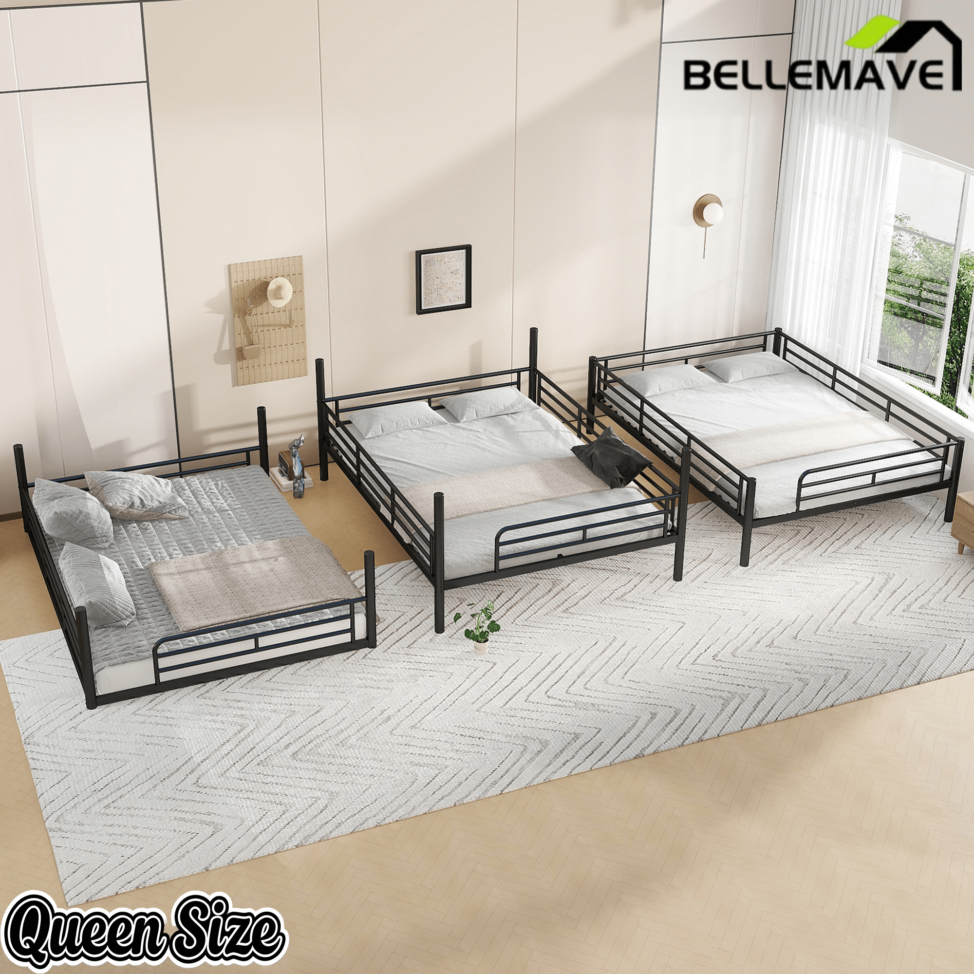 Bellemave® Twin, Full and Queen Size Metal Triple Bunk Bed with Full - Length Guardrails - Bellemave