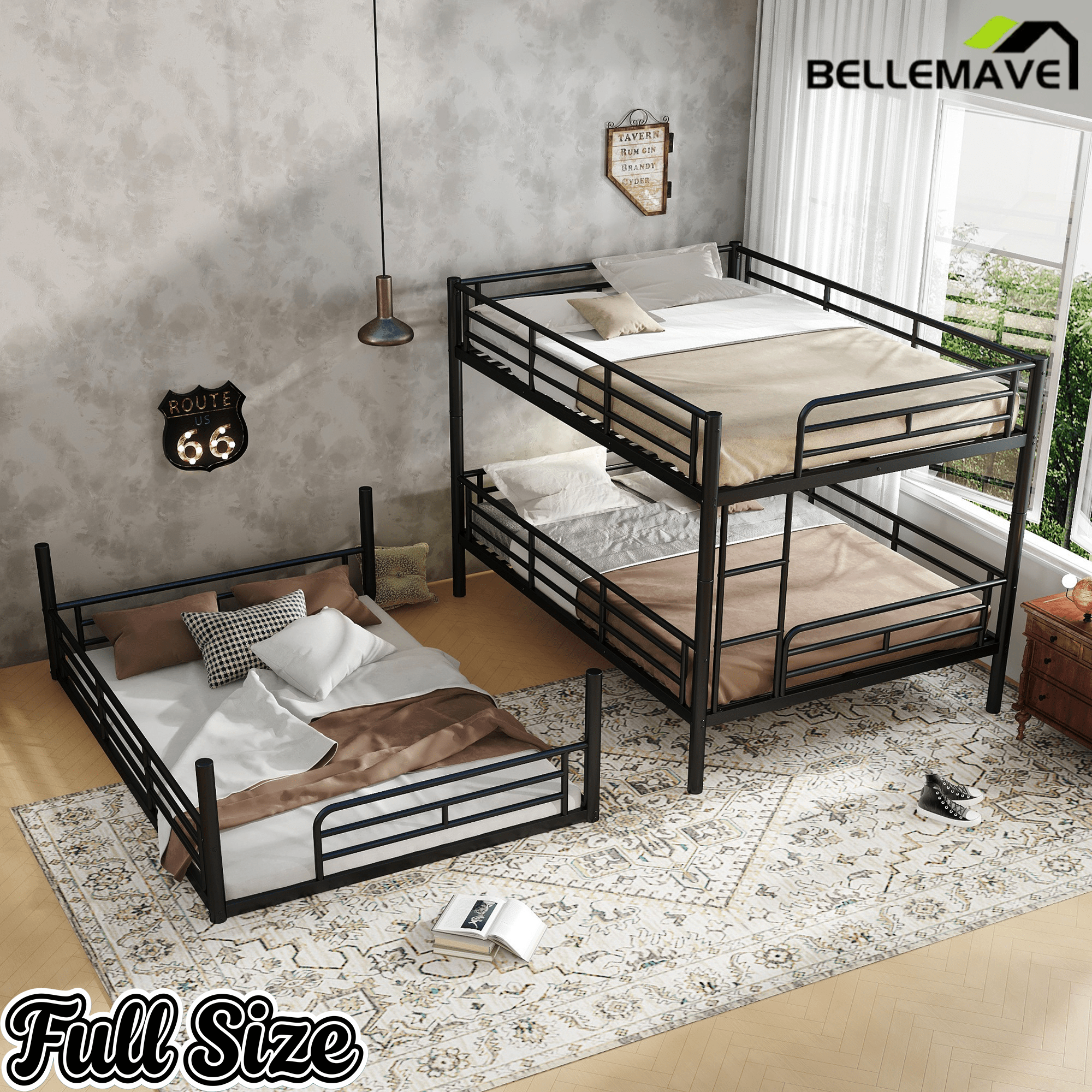 Bellemave® Twin, Full and Queen Size Metal Triple Bunk Bed with Full - Length Guardrails - Bellemave