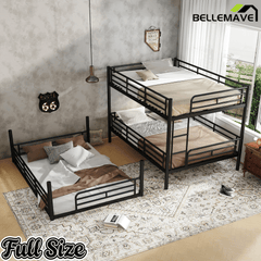 Bellemave® Twin, Full and Queen Size Metal Triple Bunk Bed with Full - Length Guardrails - Bellemave