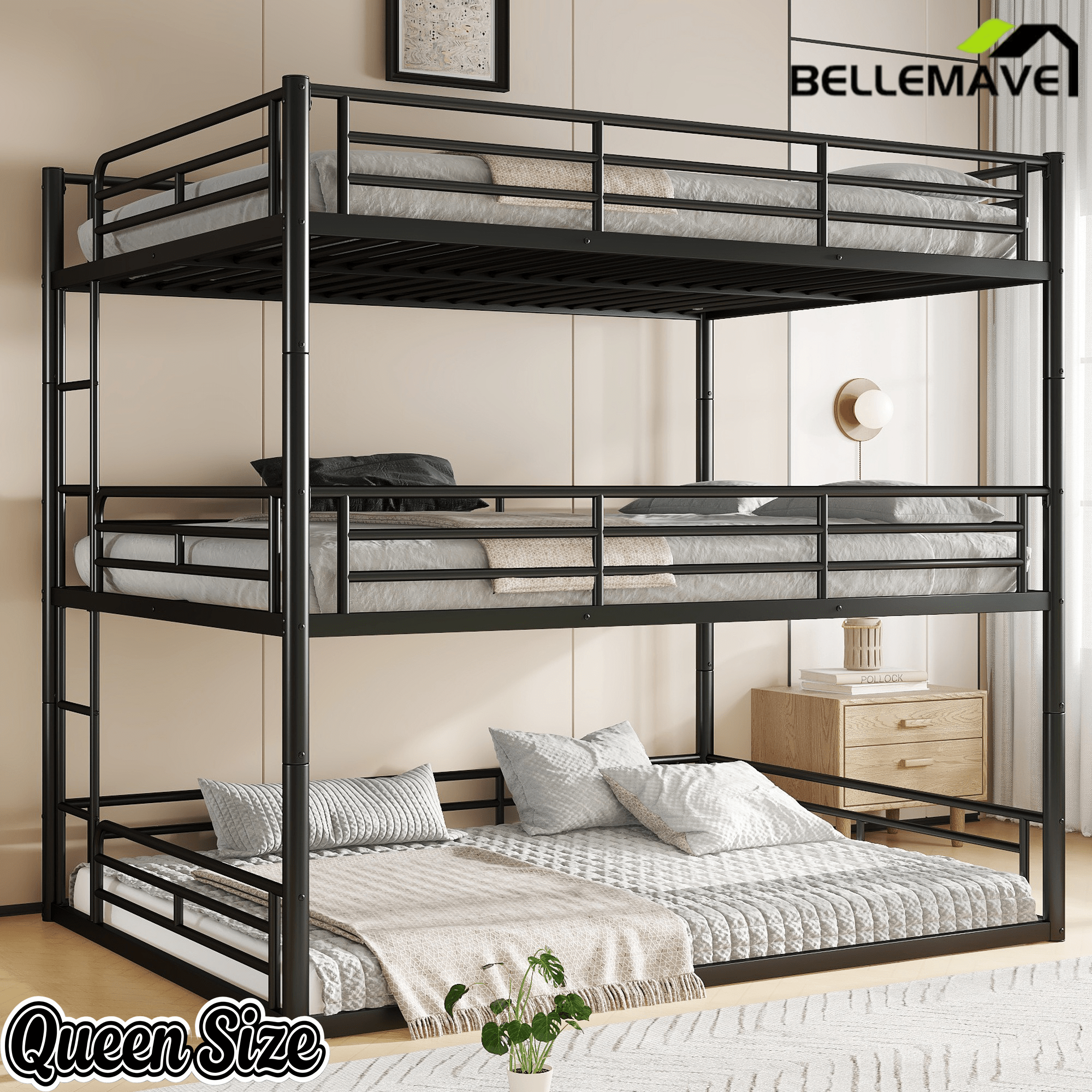 Bellemave® Twin, Full and Queen Size Metal Triple Bunk Bed with Full - Length Guardrails - Bellemave