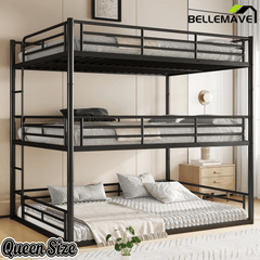 Bellemave® Twin, Full and Queen Size Metal Triple Bunk Bed with Full - Length Guardrails - Bellemave