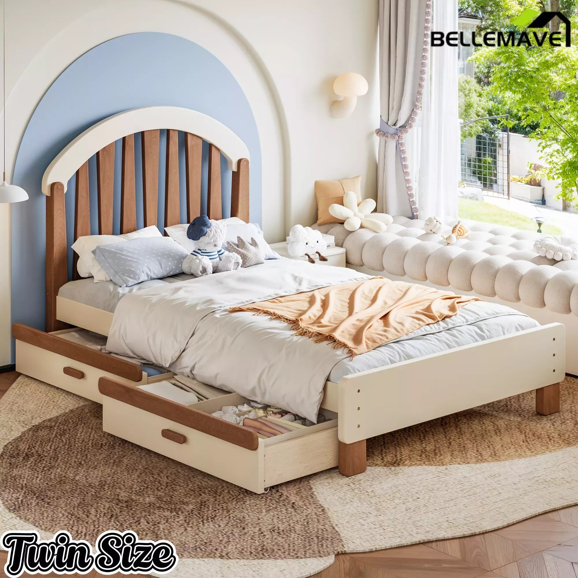 Bellemave® Twin & Full Size Platform Bed with Storage Drawer – Solid Wood Frame, No Box Spring - Bellemave
