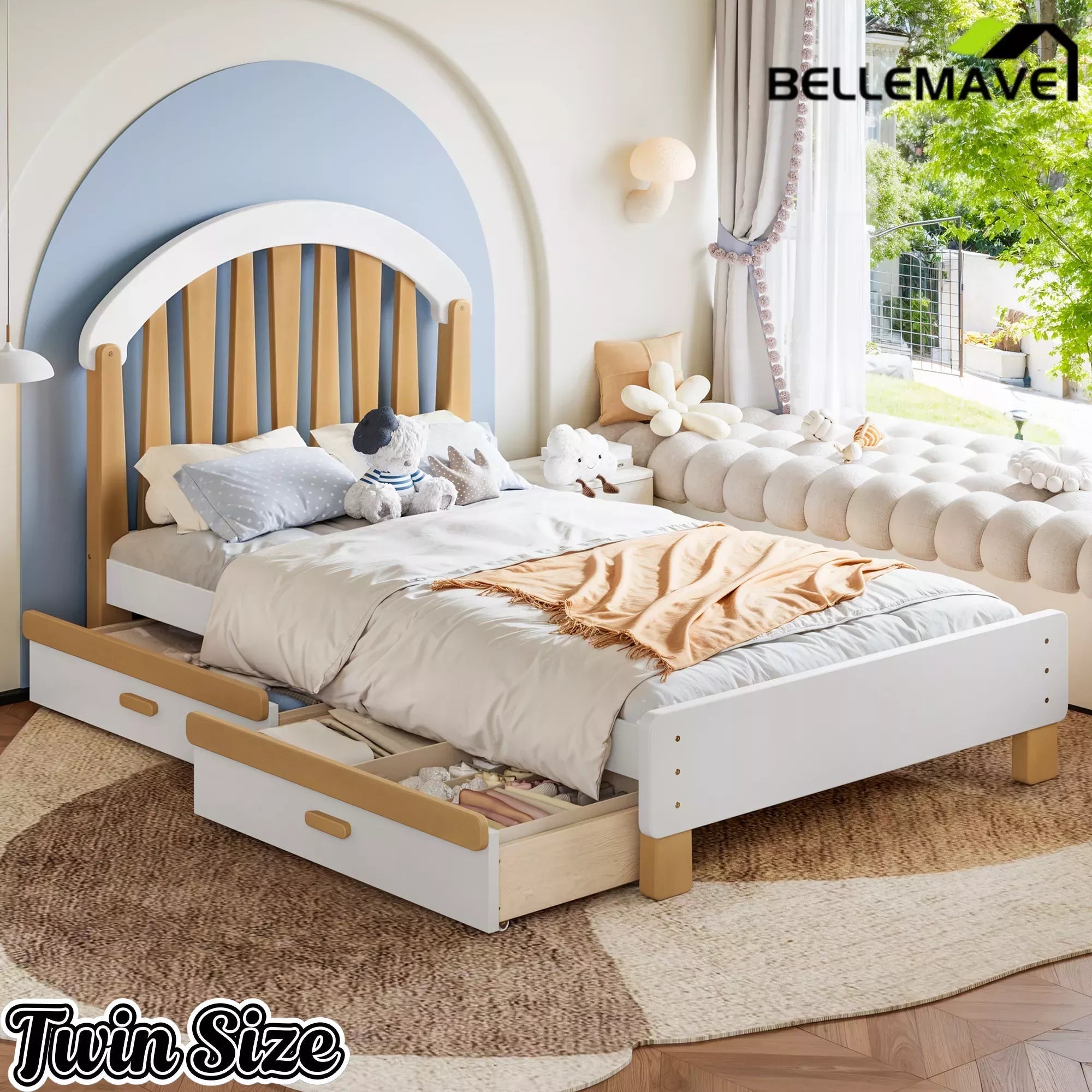Bellemave® Twin & Full Size Platform Bed with Storage Drawer – Solid Wood Frame, No Box Spring - Bellemave