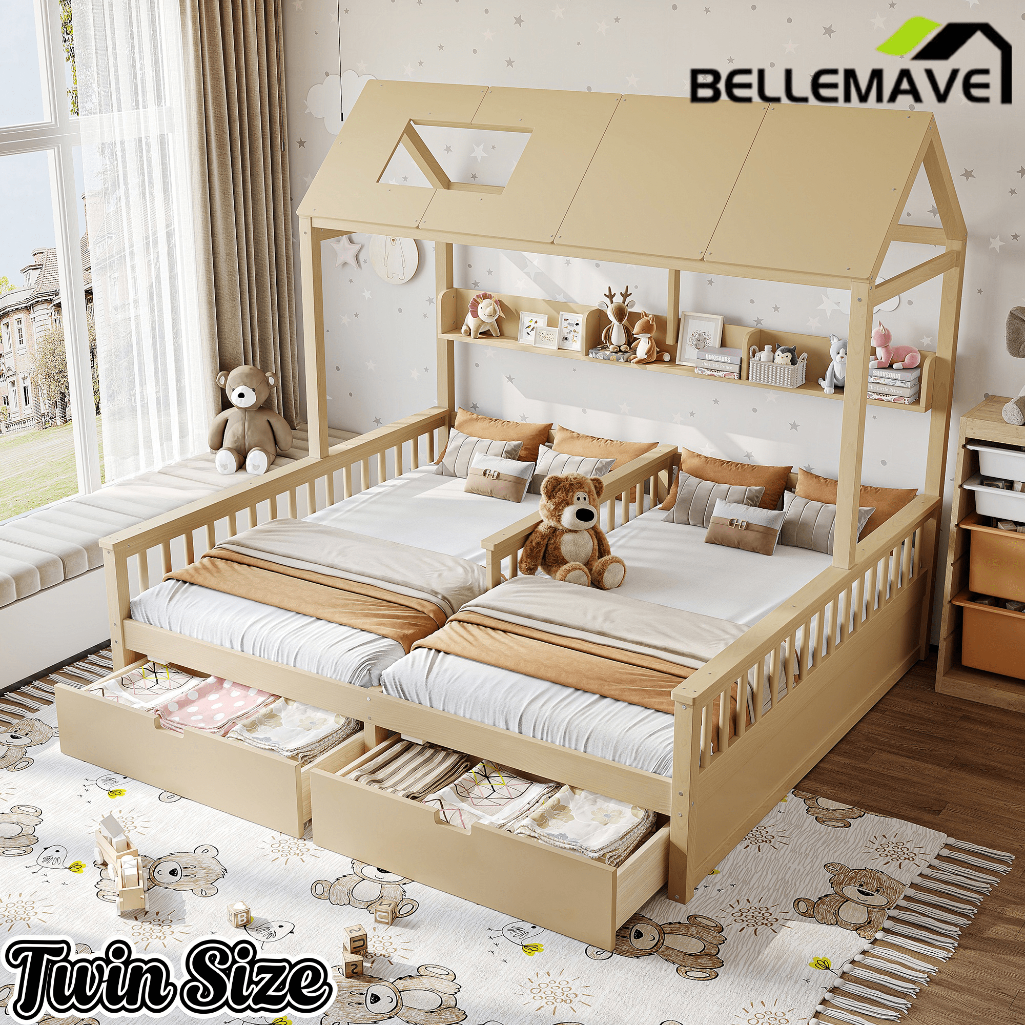 Bellemave® Twin House Bed, Double Twin Platform Bed with 2 Drawers & Shelves, Two Share Beds with Guardrails, Double Bed for Twins - Bellemave