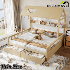 Bellemave® Twin House Bed, Double Twin Platform Bed with 2 Drawers & Shelves, Two Share Beds with Guardrails, Double Bed for Twins - Bellemave