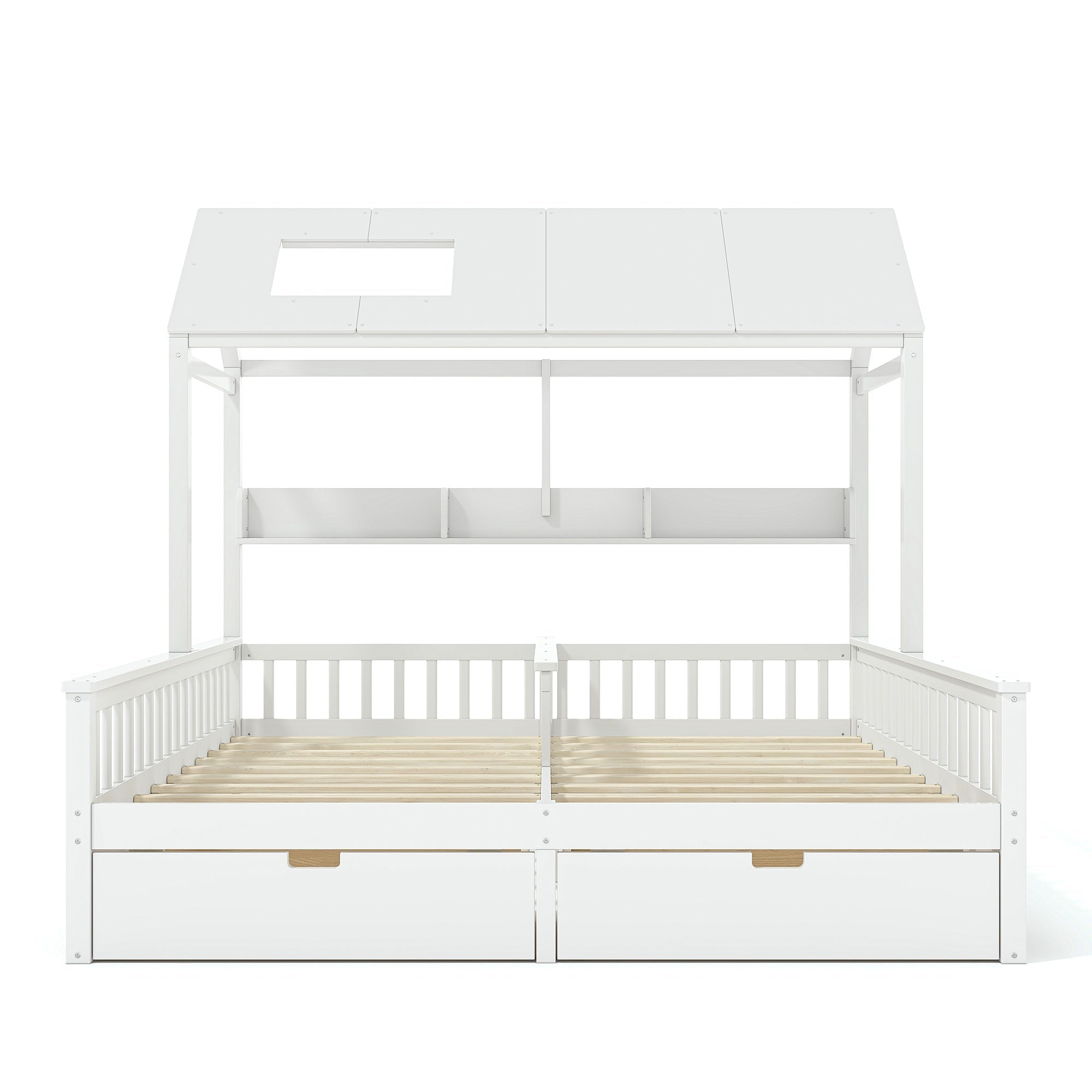 Bellemave® Twin House Bed, Double Twin Platform Bed with 2 Drawers & Shelves, Two Share Beds with Guardrails, Double Bed for Twins - Bellemave