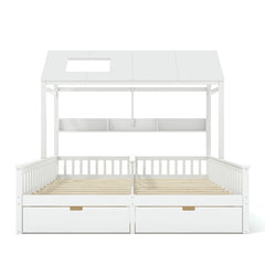 Bellemave® Twin House Bed, Double Twin Platform Bed with 2 Drawers & Shelves, Two Share Beds with Guardrails, Double Bed for Twins - Bellemave
