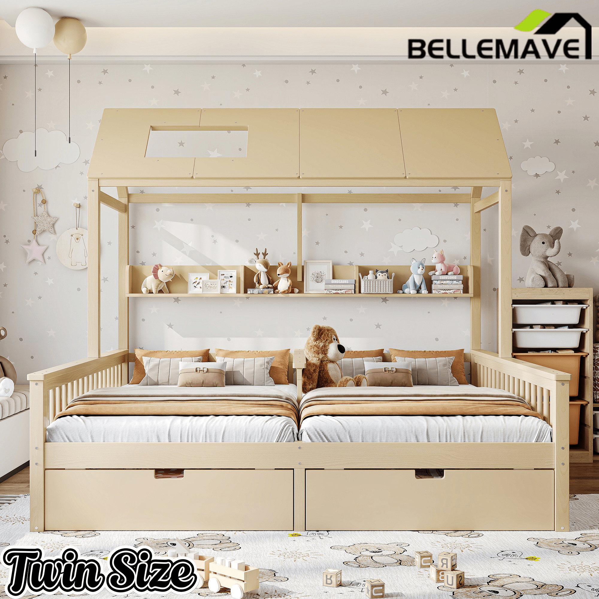 Bellemave® Twin House Bed, Double Twin Platform Bed with 2 Drawers & Shelves, Two Share Beds with Guardrails, Double Bed for Twins - Bellemave