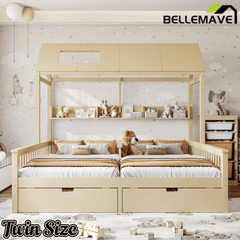 Bellemave® Twin House Bed, Double Twin Platform Bed with 2 Drawers & Shelves, Two Share Beds with Guardrails, Double Bed for Twins - Bellemave