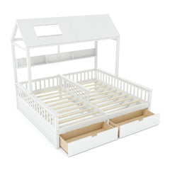 Bellemave® Twin House Bed, Double Twin Platform Bed with 2 Drawers & Shelves, Two Share Beds with Guardrails, Double Bed for Twins - Bellemave