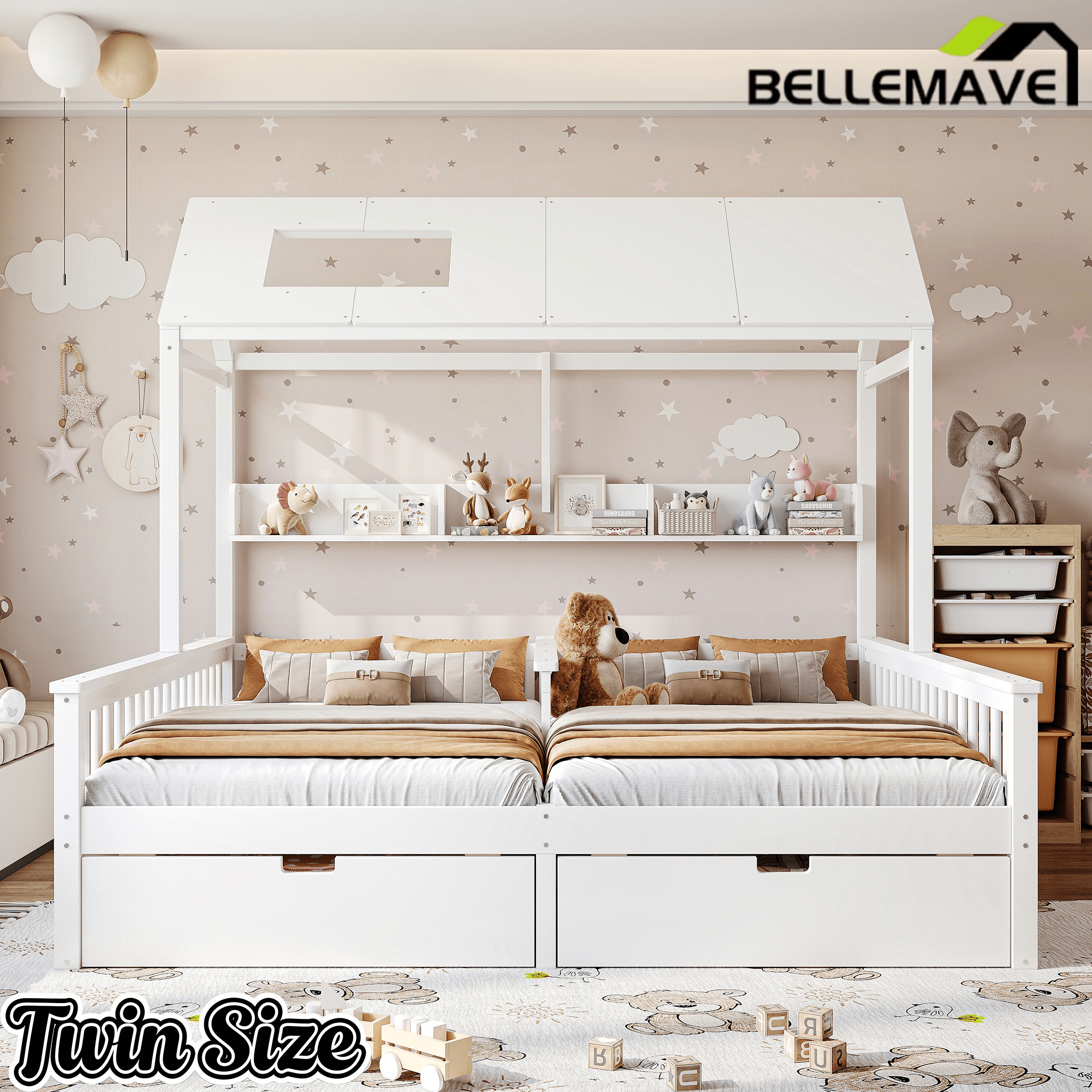 Bellemave® Twin House Bed, Double Twin Platform Bed with 2 Drawers & Shelves, Two Share Beds with Guardrails, Double Bed for Twins - Bellemave