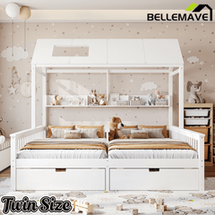 Bellemave® Twin House Bed, Double Twin Platform Bed with 2 Drawers & Shelves, Two Share Beds with Guardrails, Double Bed for Twins - Bellemave
