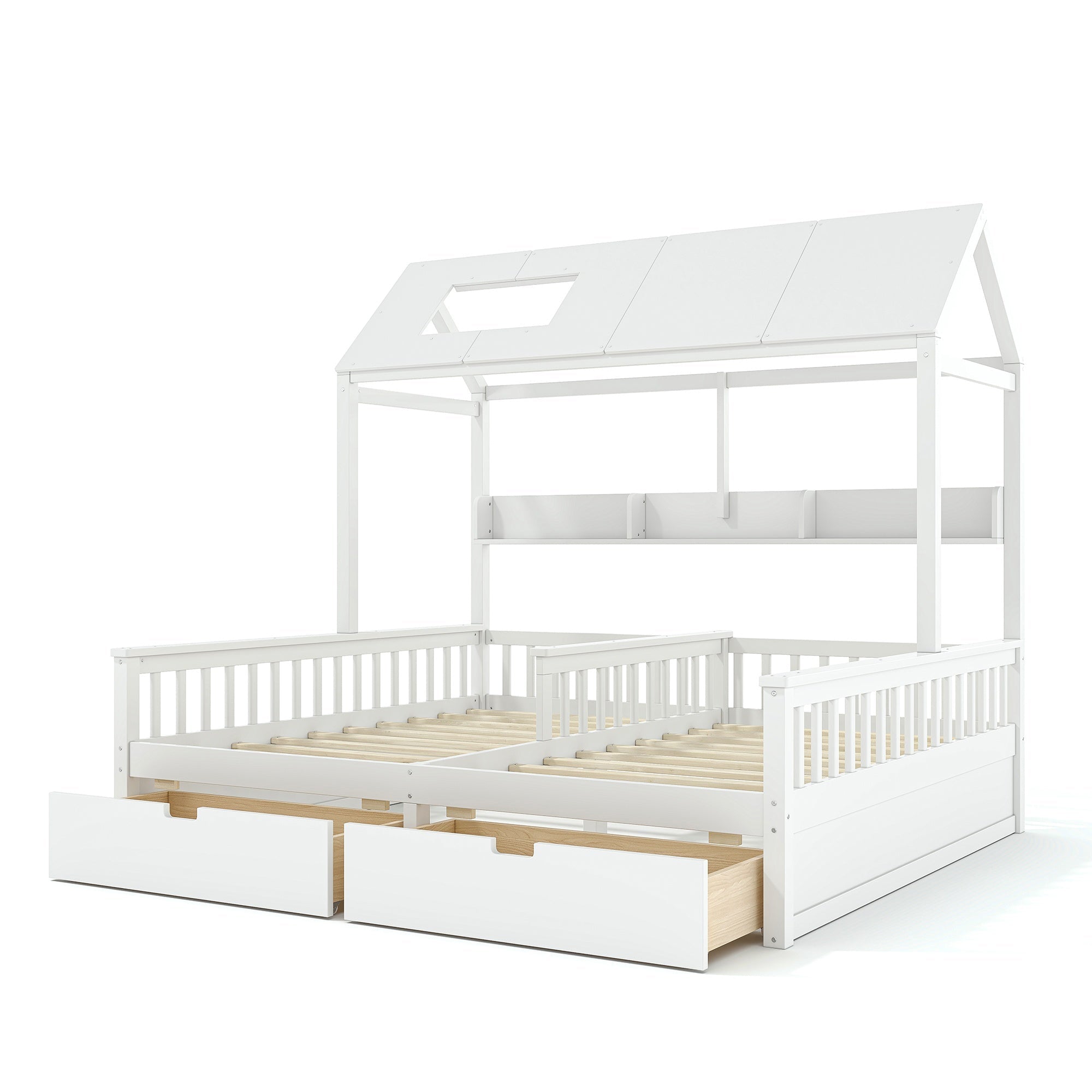Bellemave® Twin House Bed, Double Twin Platform Bed with 2 Drawers & Shelves, Two Share Beds with Guardrails, Double Bed for Twins - Bellemave
