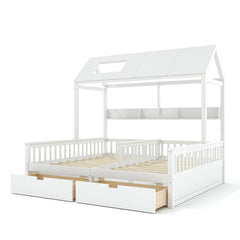 Bellemave® Twin House Bed, Double Twin Platform Bed with 2 Drawers & Shelves, Two Share Beds with Guardrails, Double Bed for Twins - Bellemave