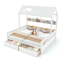 Bellemave® Twin House Bed, Double Twin Platform Bed with 2 Drawers & Shelves, Two Share Beds with Guardrails, Double Bed for Twins - Bellemave