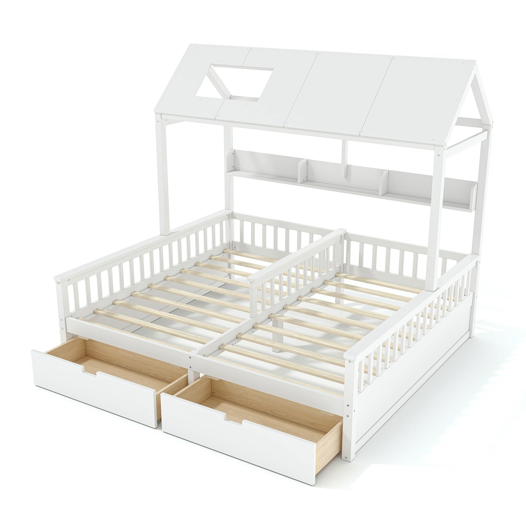 Bellemave® Twin House Bed, Double Twin Platform Bed with 2 Drawers & Shelves, Two Share Beds with Guardrails, Double Bed for Twins - Bellemave