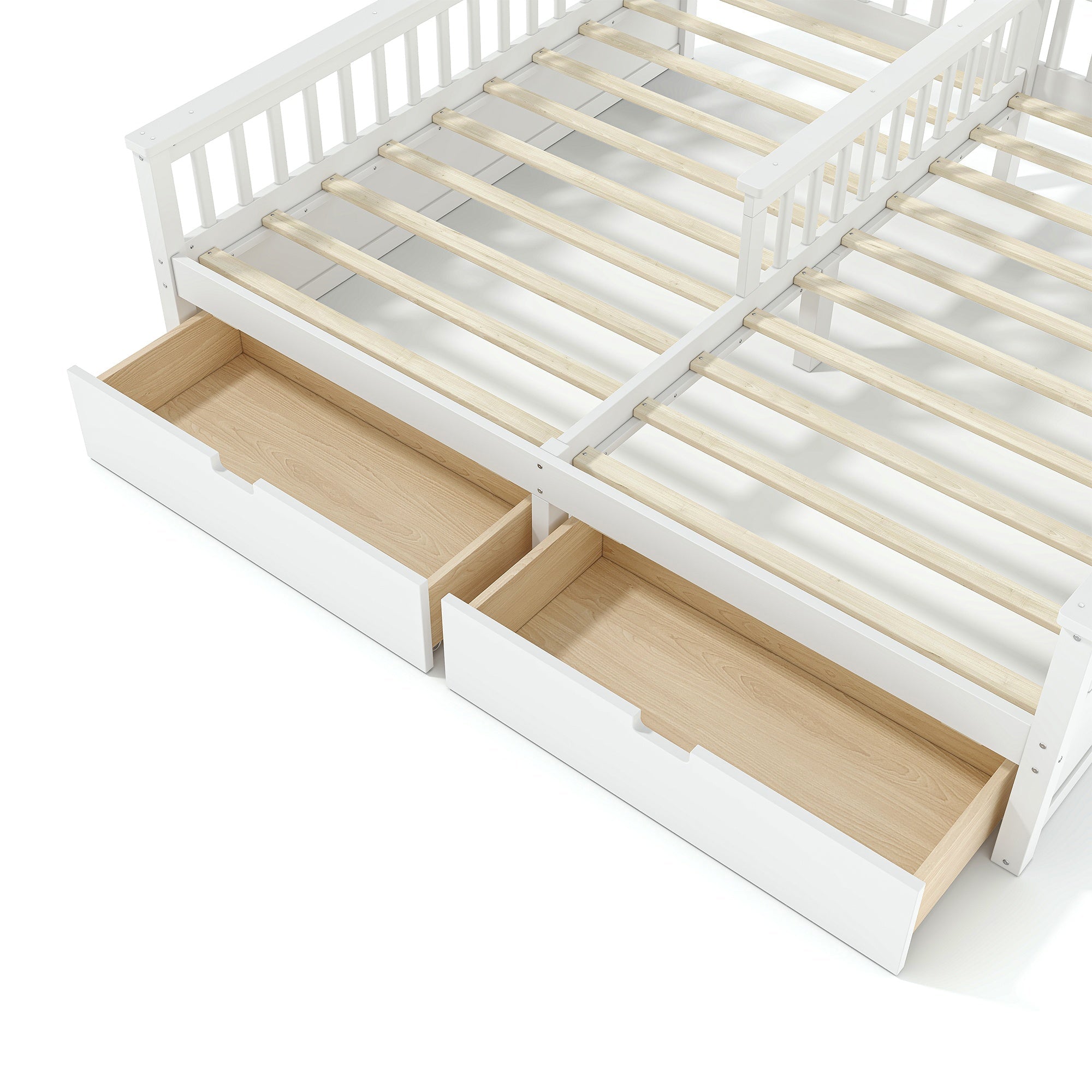 Bellemave® Twin House Bed, Double Twin Platform Bed with 2 Drawers & Shelves, Two Share Beds with Guardrails, Double Bed for Twins - Bellemave