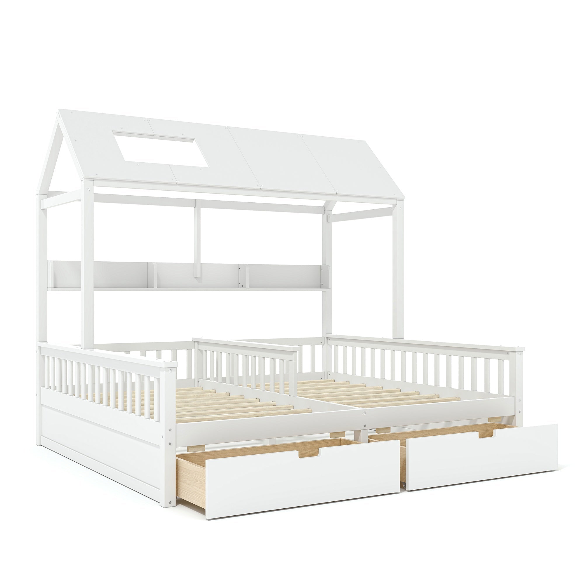 Bellemave® Twin House Bed, Double Twin Platform Bed with 2 Drawers & Shelves, Two Share Beds with Guardrails, Double Bed for Twins - Bellemave