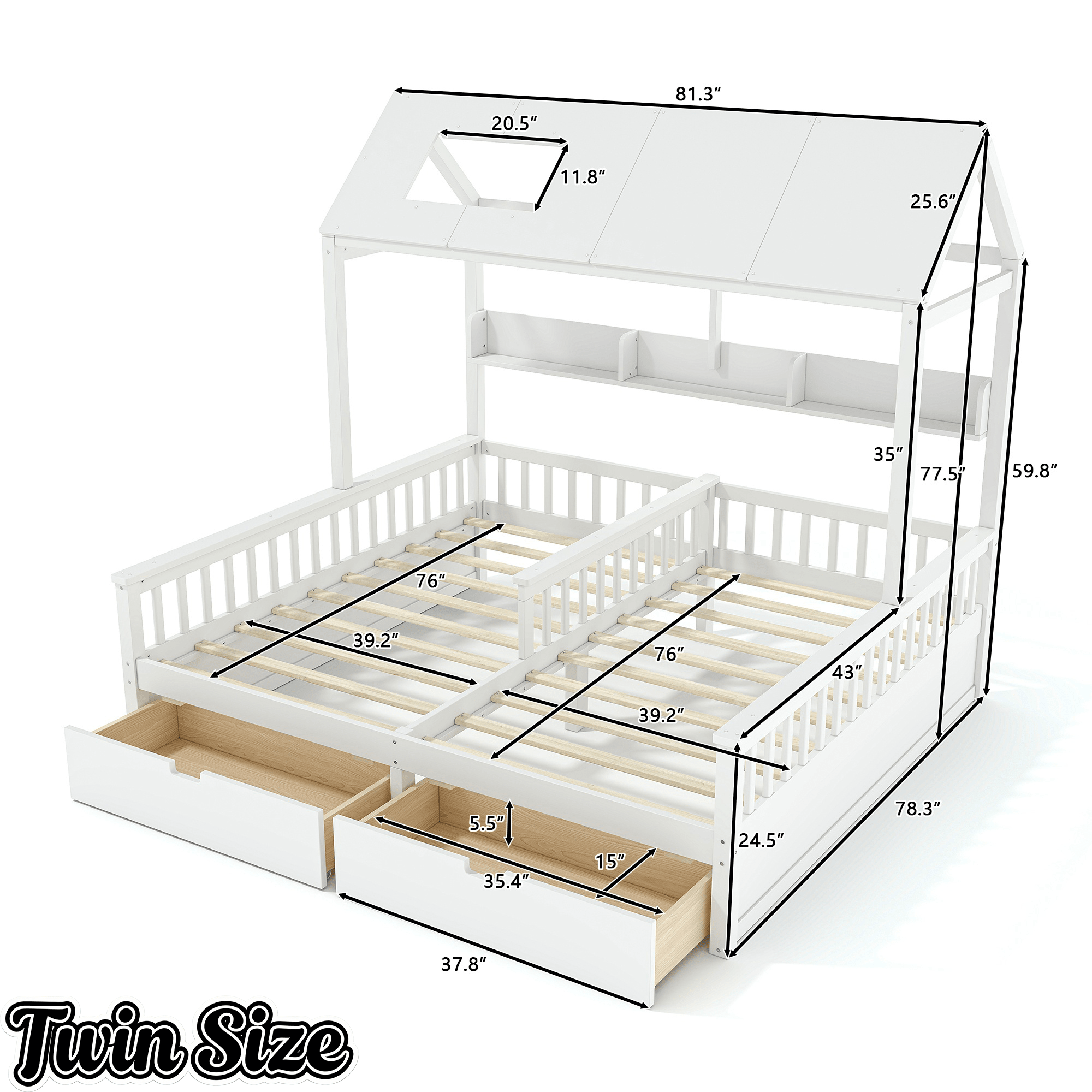 Bellemave® Twin House Bed, Double Twin Platform Bed with 2 Drawers & Shelves, Two Share Beds with Guardrails, Double Bed for Twins - Bellemave