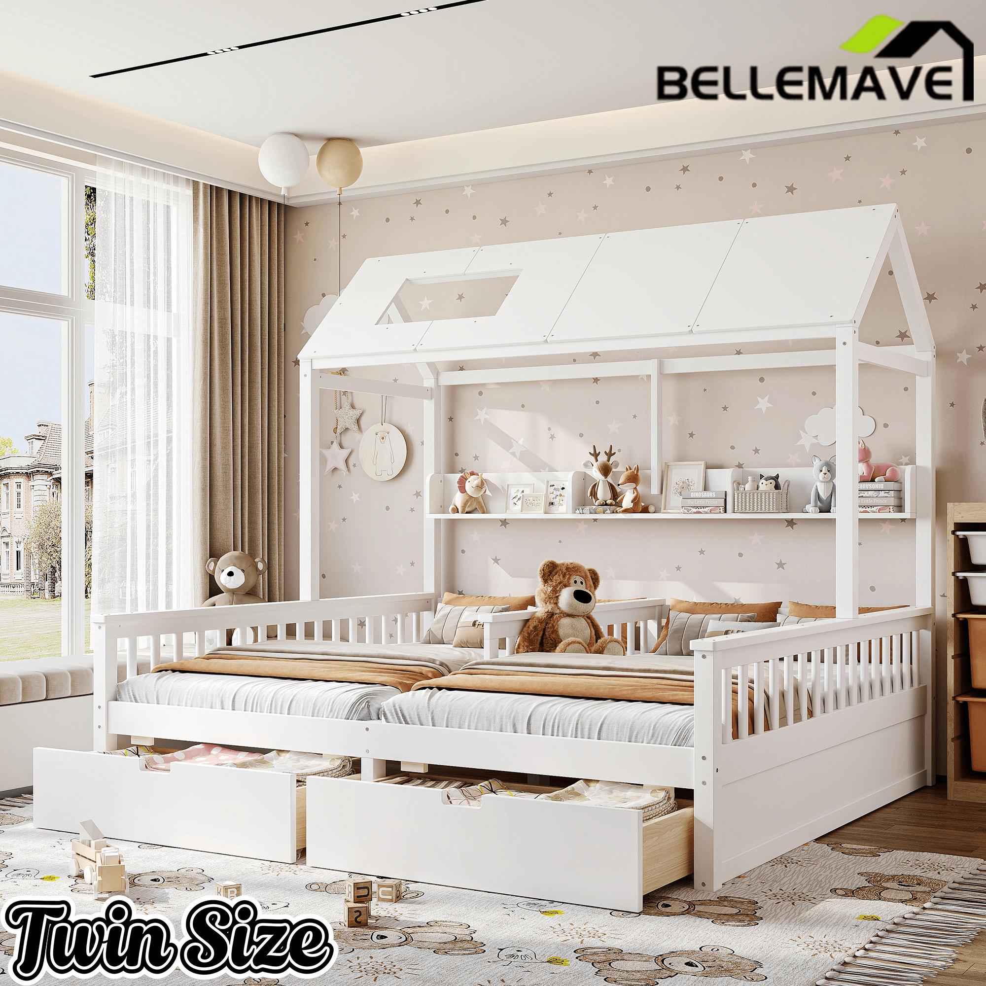 Bellemave® Twin House Bed, Double Twin Platform Bed with 2 Drawers & Shelves, Two Share Beds with Guardrails, Double Bed for Twins - Bellemave