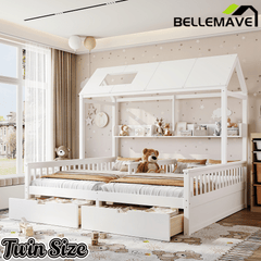 Bellemave® Twin House Bed, Double Twin Platform Bed with 2 Drawers & Shelves, Two Share Beds with Guardrails, Double Bed for Twins - Bellemave
