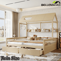 Bellemave® Twin House Bed, Double Twin Platform Bed with 2 Drawers & Shelves, Two Share Beds with Guardrails, Double Bed for Twins - Bellemave