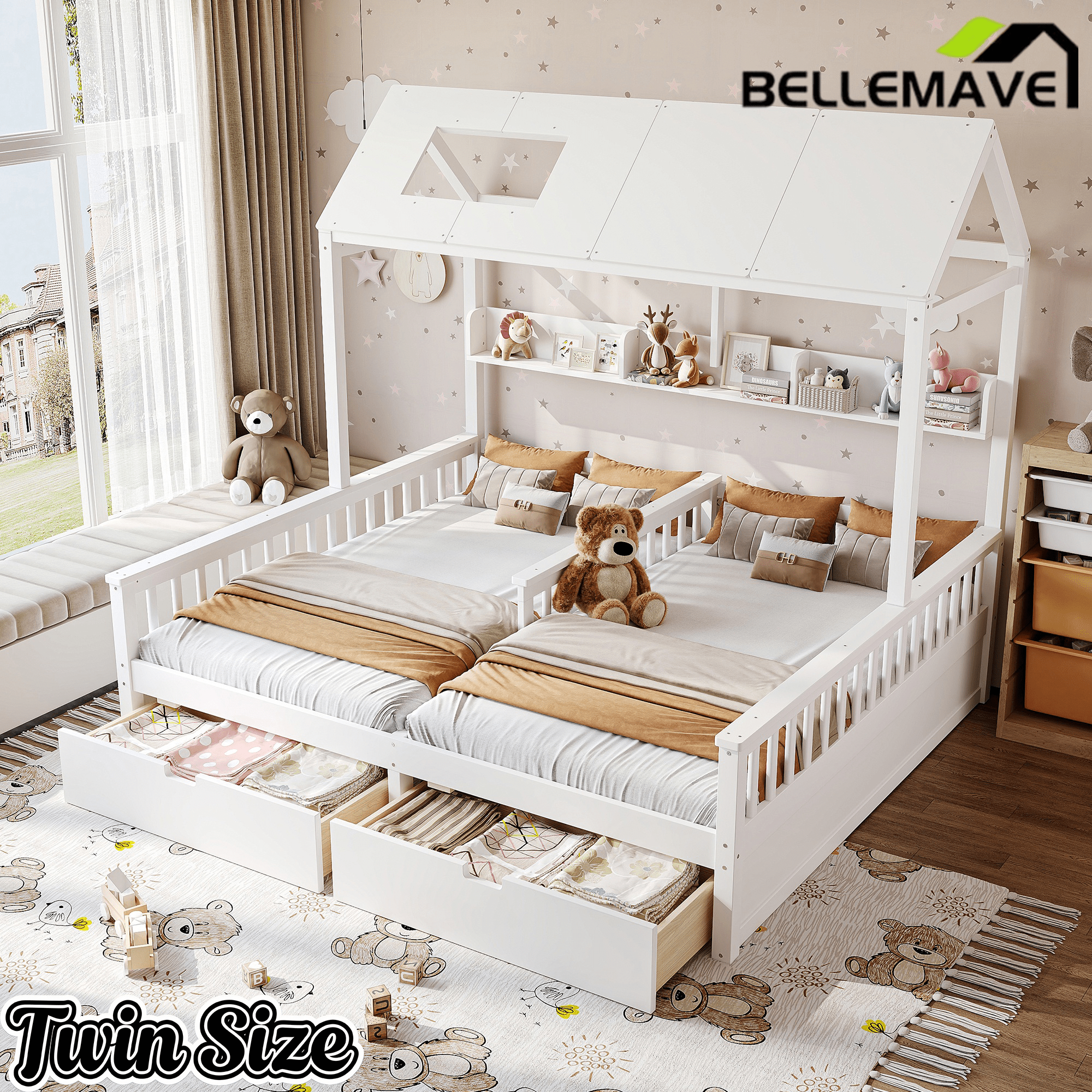 Bellemave® Twin House Bed, Double Twin Platform Bed with 2 Drawers & Shelves, Two Share Beds with Guardrails, Double Bed for Twins - Bellemave