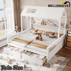 Bellemave® Twin House Bed, Double Twin Platform Bed with 2 Drawers & Shelves, Two Share Beds with Guardrails, Double Bed for Twins - Bellemave