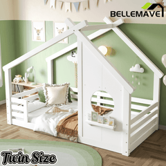 Bellemave® Twin House Bed for Kids with Full - Length Guardrails & Slats, Wood Montessori Floor Bed Frame with Window & Shelf, No Box Spring Needed - Bellemave