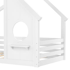 Bellemave® Twin House Bed for Kids with Full - Length Guardrails & Slats, Wood Montessori Floor Bed Frame with Window & Shelf, No Box Spring Needed - Bellemave