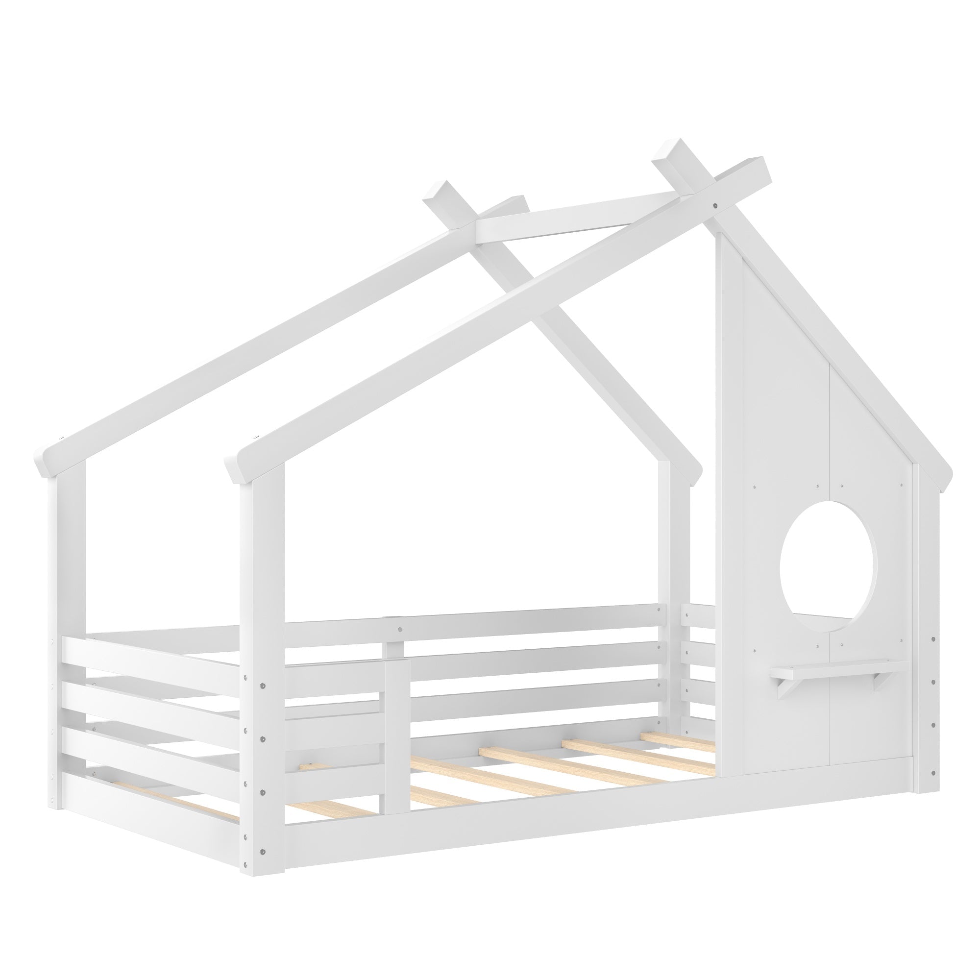 Bellemave® Twin House Bed for Kids with Full - Length Guardrails & Slats, Wood Montessori Floor Bed Frame with Window & Shelf, No Box Spring Needed - Bellemave