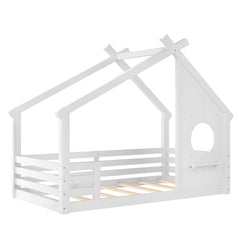 Bellemave® Twin House Bed for Kids with Full - Length Guardrails & Slats, Wood Montessori Floor Bed Frame with Window & Shelf, No Box Spring Needed - Bellemave
