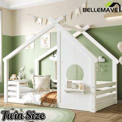 Bellemave® Twin House Bed for Kids with Full - Length Guardrails & Slats, Wood Montessori Floor Bed Frame with Window & Shelf, No Box Spring Needed - Bellemave