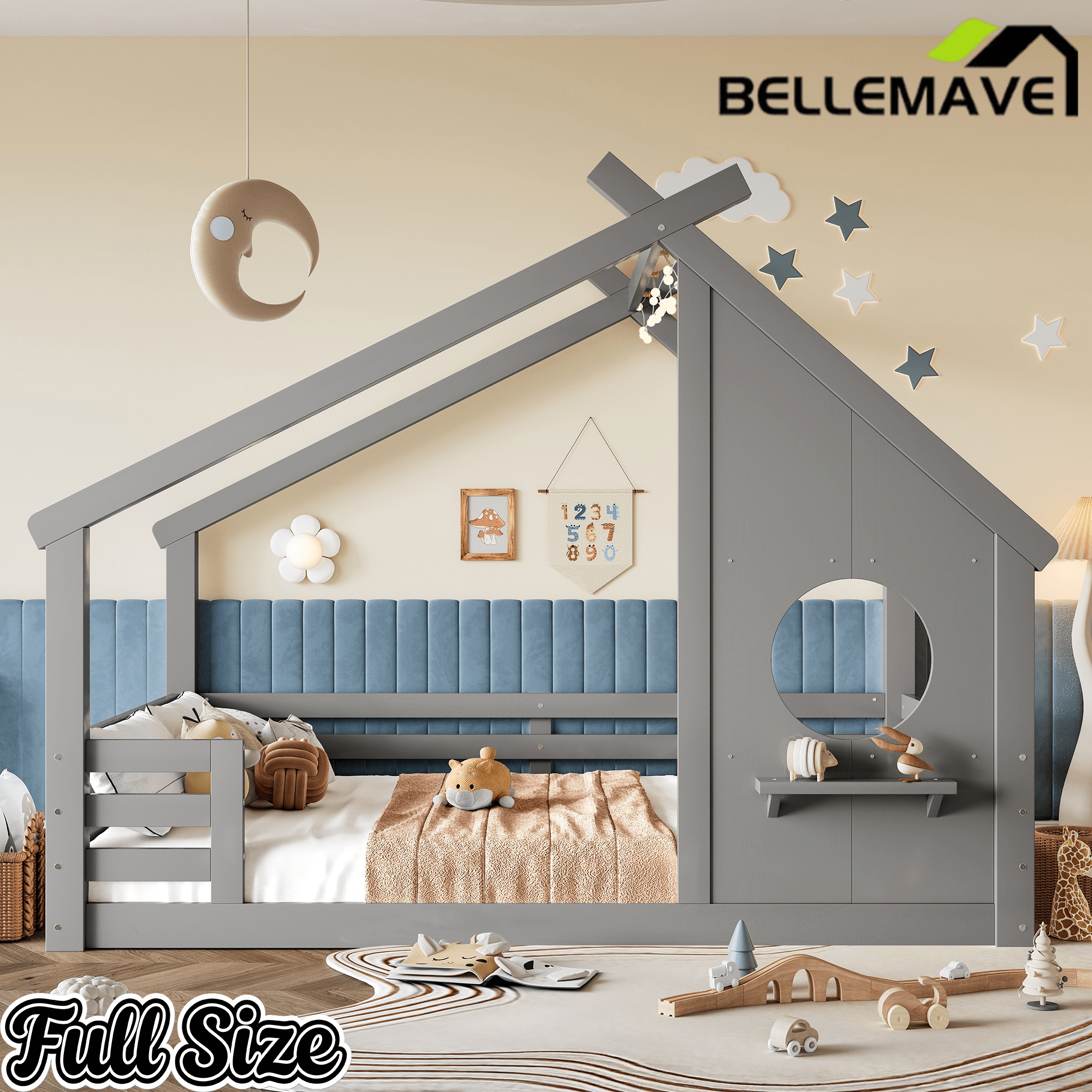 Bellemave® Twin House Bed for Kids with Full - Length Guardrails & Slats, Wood Montessori Floor Bed Frame with Window & Shelf, No Box Spring Needed - Bellemave