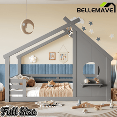 Bellemave® Twin House Bed for Kids with Full - Length Guardrails & Slats, Wood Montessori Floor Bed Frame with Window & Shelf, No Box Spring Needed - Bellemave
